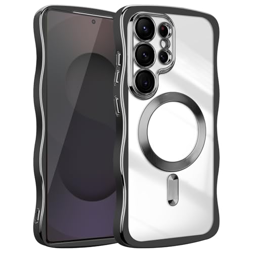 Magnetic for Samsung Galaxy S25 Ultra Case Curly Clear,Black | Compatible with MagSafe, Camera Protector, Plating TPU Shockproof Protective, Transparent Back, Wave Frame, Stylish Aesthetic - color: Black, size: Samsung Galaxy S25 Ultra