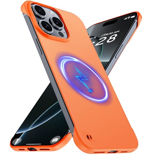 GRECAZO Magnetic Slim Frameless Case for iPhone 16 Pro, Orange | Compatible with MagSafe, Soft-Touch Matte Hard PC Cover, Ultra Thin Lightweight Minimalist, Pull Ring Lanyard, 6.3 Inch - color: Orange, size: iPhone 16 Pro