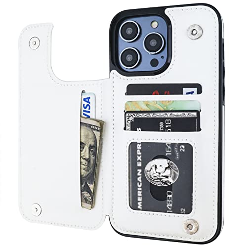 ONETOP for iPhone 14 Pro Max Wallet Case with Credit Card Holder,White | Kickstand,ID/Cash Holder,Case Wallet with Card Slots,Double Magnetic Clasp,Durable PU Leather Shockproof Cover for Women Men - color: White