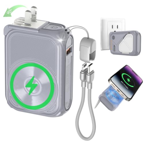 SEANCHEER P05 Portable Charger, Magnetic Power Bank, Small PowerBank, Battery Pack10000mAh Travel Essentials Fast Charging with Built in Cable, Foldable Wall Plug for iPhone,Samsung,Andriod - color: Grey