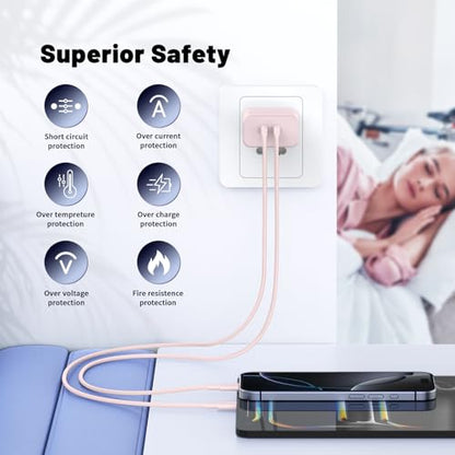 QZIIW iPhone 17 16 15 Pro Max Fast Charger,45W Dual Port USB C Fast Charger - color: Pink, size: 3FT+6FT+10FT+10FT
