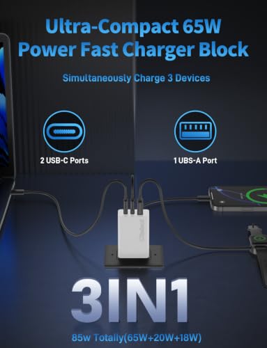 85W Dynamic Power GaN USB-C Fast Charger, 2C1A 3-Port, Max 65W, 2 Pack - color: White, size: 2Pack