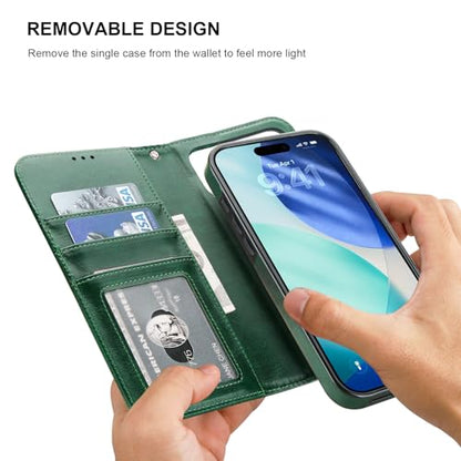 Bocasal Detachable Wallet Case Card Holder for iPhone 17 Pro Max Green | RFID Blocking Kickstand Card Slots Holder PU Leather Magnetic Shockproof Wrist Strap Removable Flip Protective Cover 6.9 inch - color: Green