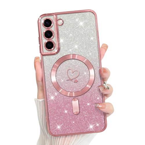 Bonoma Compatible with Samsung Galaxy S22 Plus Case Heart Glitter -Pink | Support for MagSafe, Plating Magnetic Case TPU Camera Protection Back Cover for Phone Case - color: Pink, size: Samsung Galaxy S22 Plus