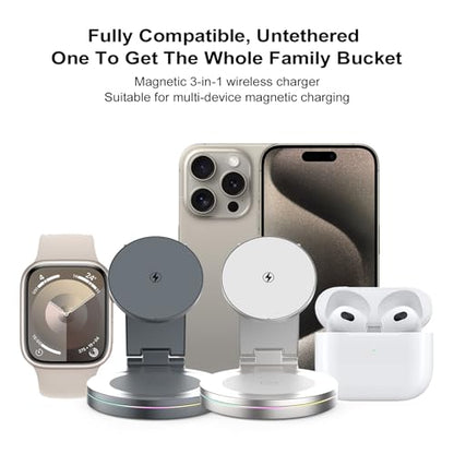Foldable 360º Rotatable Zinc Alloy 3-in-1 Magnetic Wireless Charger, Charging Station, Charging Stand,15W for iPhone 12-17,5W for Apple Watches,AirPods(Adapter Included) (Black) - color: black
