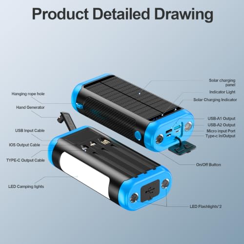 Solar Power Bank Portable Charger 66800mAh Battery Pack for Camping(Blue) - color: Blue
