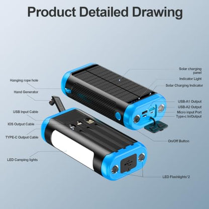 Solar Power Bank Portable Charger 66800mAh Battery Pack for Camping(Blue) - color: Blue