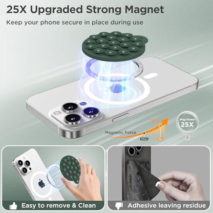 Magnetic Suction Cup Phone Mount, Compatible with MagSafe, Silicone Octo Cup Buddy Sticky Grip Holder for iPhone and Android, Removable Hands-Free Selfie/Video for TikTok, Alpine Green - color: Alpine Green