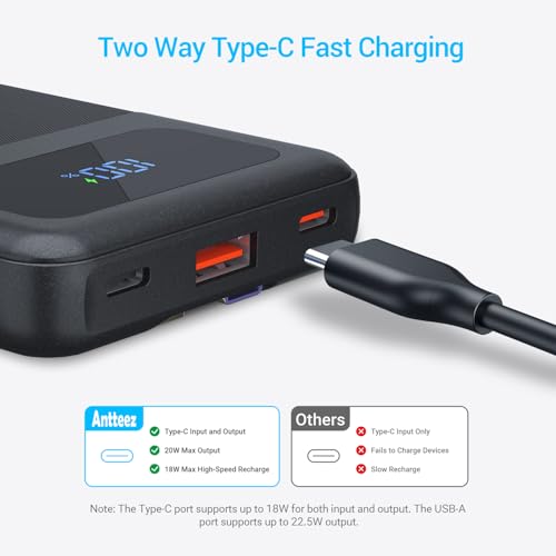 Antteez Portable Charger with Built in Cable - 10000mAh Fast Charging 22.5W Power Bank USB C LED Display Travel Battery Pack 4 Outputs & 2 Inputs for iPhone Samsung iPad Phones Tablets