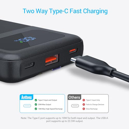 Antteez Portable Charger with Built in Cable - 10000mAh Fast Charging 22.5W Power Bank USB C LED Display Travel Battery Pack 4 Outputs & 2 Inputs for iPhone Samsung iPad Phones Tablets