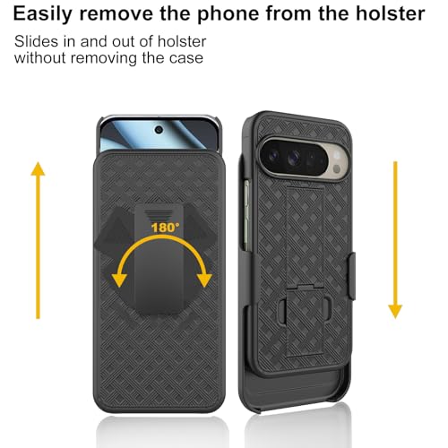 for Google Pixel 10 Pro XL Stand Phone Case, Screen Protector-Black | Belt Clip Kickstand Holder Holster, Slim Slide Shell Pouch Full Body Protective, Rugged Shockproof Drop Defense Outdoor Cover - size: Pixel 10 Pro XL