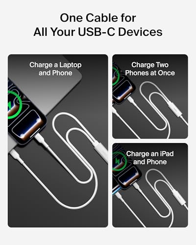 Belkin 2 in 1 USB C to C 140W Braided Cable, 5ft, Dual Charging Cord - color: White