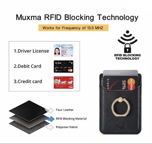 Card Holder Sleeve with Ring, RFID Credit Wallet PU Leather Stick On Back Grip for iPhone Samsung Smartphone - Black