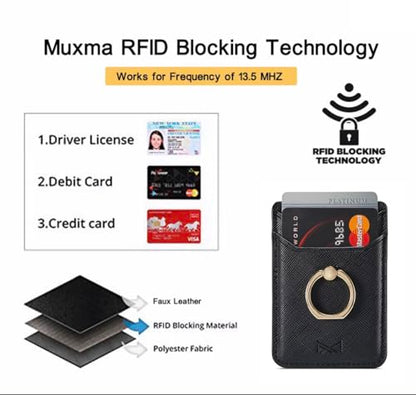 Card Holder Sleeve with Ring, RFID Credit Wallet PU Leather Stick On Back Grip for iPhone Samsung Smartphone - Black - color: Black