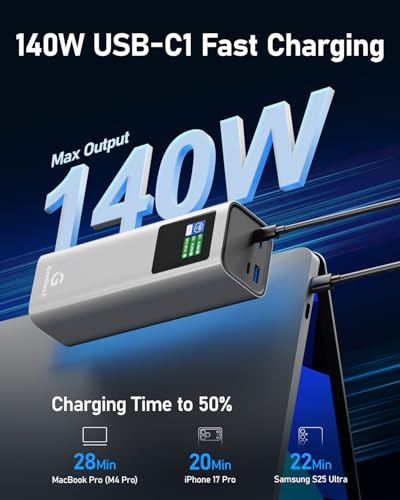27000mAh Power Bank, 140W Laptop Portable Charger with PD 3.1 Fast Charging, Smart Sisplay, 99Wh Battery Bank for MacBook Pro/Air, iPad Pro, iPhone17/16 Series, Samsung and More(Silver Gray) - color: Silver Gray-2.7w