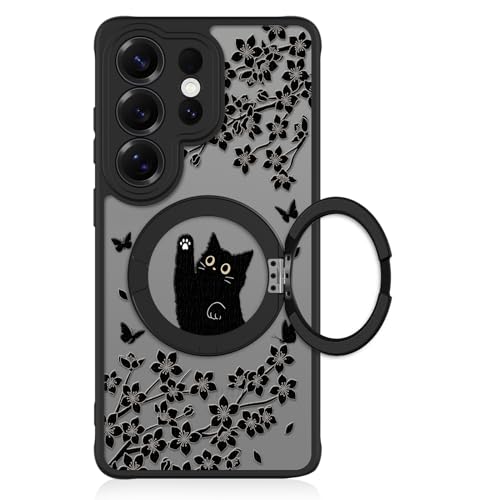 Cute Case for Samsung Galaxy S26 Ultra Case with Stand, Black Cat | Compatible with Magsafe, 360 Magnetic Ring Kickstand Phone Cover for Women Girls, Kawaii Floral & Butterflies Pattern - color: Black Cat & Floral, size: Samsung Galaxy S26 Ultra