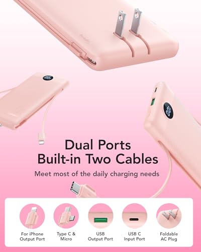 VRURC 22.5W Portable Charger 10000mAh Fast Charging with Built-in AC Plug - color: Pink