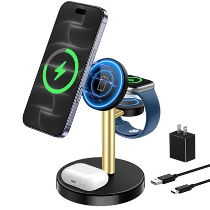 Aeinidi 3 in 1 Fast Wireless Charging Station for Apple MagSafe Charger - color: Gold Black, size: 15W