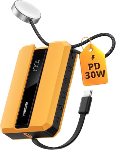 VEEKTOMX PD 30W Power Bank Fast Charging with Built-in USB C Cable for iPhone, Small Portable Charger 10000mAh, Portable Apple Watch Charger, Compact Battery Pack for iPhone 16/15/15 Plus, Yellow - size: USB-C Yellow