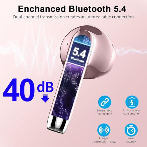 Wireless Earbuds, 2026 Bluetooth 5.4 Headphones Bass Stereo, Ear Buds with 4 Mics ENC Noise Cancelling, Bluetooth Earbuds 56H Playtime LED Display Rose Gold - color: Rose gold