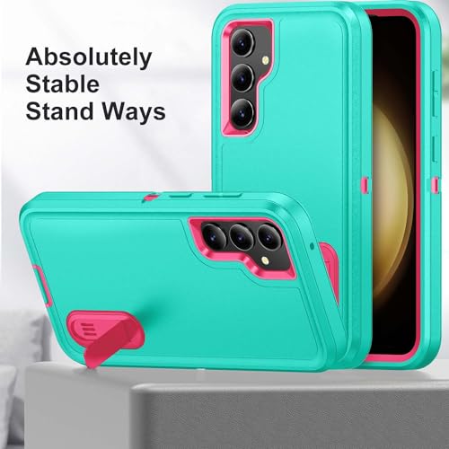 for Samsung Galaxy S23 FE Case with Kickstand Case 3-Layer Military Grade Protective Case Cover Silicone Heavy Duty Rugged Shockproof for Galaxy S23 FE Phone Case (Cyan+Rose Red) - color: Cyan+Rose Red
