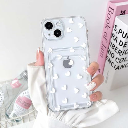NITITOP Compatible with iPhone 14 Plus Case Clear with Card Holder Cute White Love Heart Pattern Design Design Soft TPU Shock-Absorbing Wallet Case Protective Cover - White - color: White, size: iPhone 14 Plus