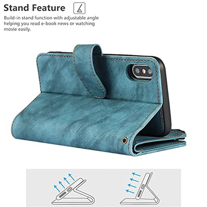 iCoverCase for iPhone X/XS Wallet Case with Card Holder and Wrist Strap, PU Leather Kickstand Card Slots Zipper Pocket Magnetic [Detachable] Flip Cover Case 5.8 Inch (Blue) - color: Blue