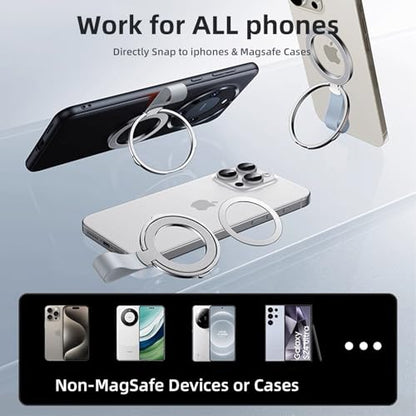 Magnetic Phone Grip with Silicone Strap, 2-in-1 Magnetic Ring Holder Stand, Compatible with Apple iPhone 16/15/14/13/12 Series, Suitable for MagSafe, Video Watching & Office Use (Silver)