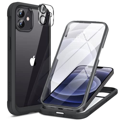 Miracase Glass Series for iPhone 12/12 Pro Case 6.1 inch, Upgraded Full-Body Rugged Phone Bumper Case Cover with Built-in 9H Tempered Glass Screen Protector and Camera Protector, Black - color: Black, size: iPhone 12/12Pro
