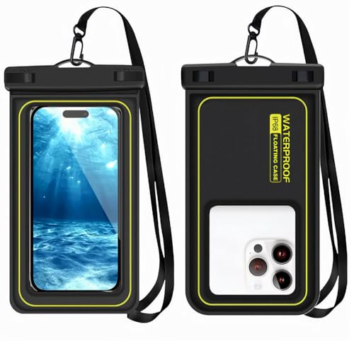 Floating Waterproof Phone Pouch with Lanyard, Universal Case Fits Up to 6.8 Inch Phones, IPX8, for Swimming, Boating, Kayakin, Black