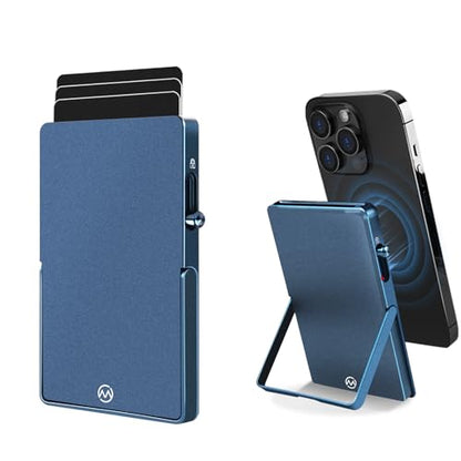 Magnetic Phone Wallet with Adjustable Stand,Pop up Phone Card Holder Quick Access to Bank/Credit Cards, 3.93 * 2.96 * 0.31 Inches Compact Metal Case with RFID Blocking Protection (Royal Blue) - color: Royal Blue