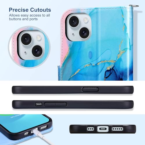 ULAK Compatible with iPhone 15 Plus Wallet Case, Marble | [RFID Blocking] Premium PU Leather Protective Folio Flip Cover with Card Holder Kickstand, Shockproof Protection - color: Marble, size: iPhone 15 Plus- 6.7 inch
