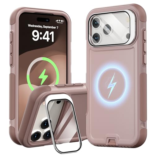 Follaroma for iPhone 17 Pro Max Case with Stand,Built-in Camera Cover,Compatible with MagSafe,Heavy Duty Shockproof Protection Phone Case,Anti-Drop,Magnetic Dual Layer Protective Cover,6.9"Light Brown - color: Brown Pink, size: iPhone 17 Pro Max 6.9''