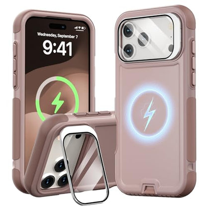 Follaroma for iPhone 17 Pro Max Case with Stand,Built-in Camera Cover,Compatible with MagSafe,Heavy Duty Shockproof Protection Phone Case,Anti-Drop,Magnetic Dual Layer Protective Cover,6.9"Light Brown - color: Brown Pink, size: iPhone 17 Pro Max 6.9''