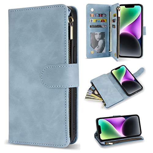 ZZXX iPhone 14 Case Wallet with [RFID Blocking] Card Slot Premium Soft PU Leather Zipper Flip Folio with Wrist Strap Kickstand Protective Phone Cover for iPhone 14 Wallet Case(Light Blue-6.1 inch) - color: Light Blue, size: iPhone 14
