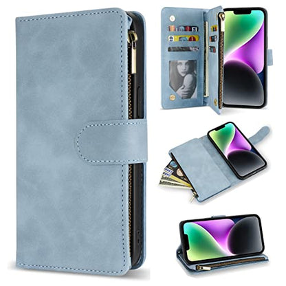 ZZXX iPhone 14 Case Wallet with [RFID Blocking] Card Slot Premium Soft PU Leather Zipper Flip Folio with Wrist Strap Kickstand Protective Phone Cover for iPhone 14 Wallet Case(Light Blue-6.1 inch) - color: Light Blue, size: iPhone 14