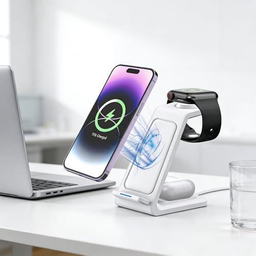 3 in 1 Wireless Charging Station, 15W Wireless Charger Stand for iPhone, Charging Dock for Watch and AirPods, Type C Input with 1m Cable Included, ABS Desk Nightstand Charger