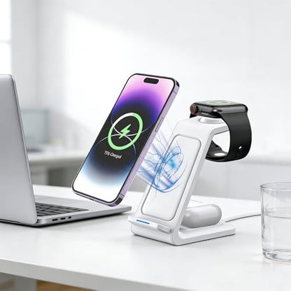 3 in 1 Wireless Charging Station, 15W Wireless Charger Stand for iPhone, Charging Dock for Watch and AirPods, Type C Input with 1m Cable Included, ABS Desk Nightstand Charger