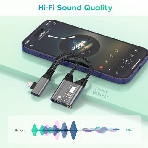 Magnetic 2-IN-1 Right Angle Lightning to 3.5mm Audio Jack Headphone and Charge Cable Adapter for iPhone,90 Degree Earphone Converter Splitter Support Music+Charge+HiFi+Mic for iPhone14 13 12 11