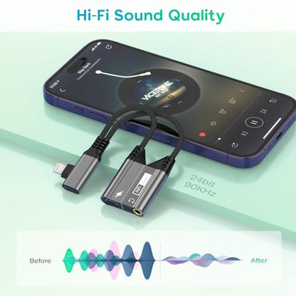 Magnetic 2-IN-1 Right Angle Lightning to 3.5mm Audio Jack Headphone and Charge Cable Adapter for iPhone,90 Degree Earphone Converter Splitter Support Music+Charge+HiFi+Mic for iPhone14 13 12 11