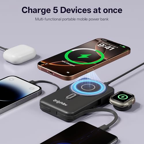 Magnetic Portable Charger Built-in Cables,10000mAh Fast Charging Wireless Charger Station External Battery Pack Slim Pocket Size Power Bank with Stand Compatible with iWatch, iPhone - color: Black