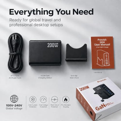 200W GaN Charging Station, 6-Port USB-C Desktop Charger - color: Black-200
