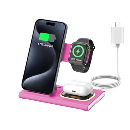 3 in 1 Foldable Charging Station for Apple Wireless Charger - color: Rose Pink