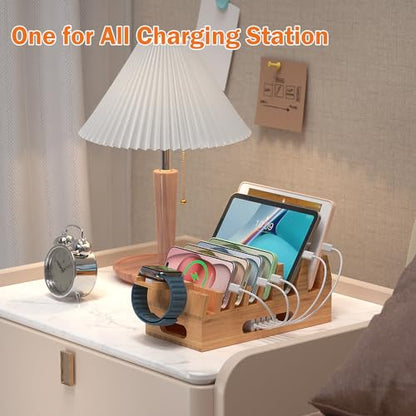Bamboo Charging Station with 5-Port USB Charger & 5 Cables-Natural Bamboo - color: #2 (Dock+Cables+Adaptor)