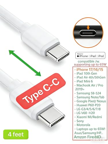 7-Pack Assorted 4FT Individual USB and USB-C Cables, Compatible/w iPhone17,16,15, iPhone14-5/ iPad/MacBook/Samsung Moblie/Tablet/Pixel/Nexus/HTC/Hub/Charging Station etc. (White) - color: White