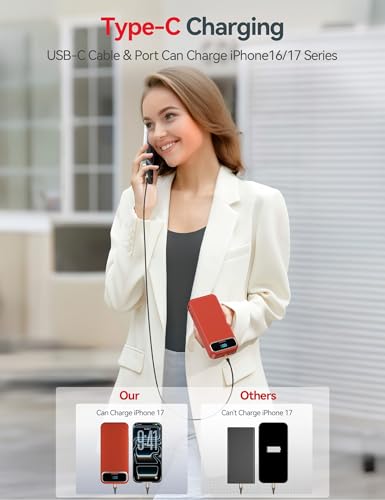 aonidi Portable Charger 20000mAh with Built-in Cables&AC Wall Plug, Red - color: Crimson