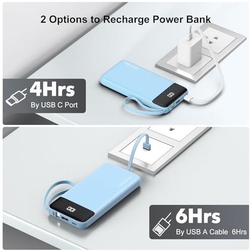 Portable Charger Built-in Cables,10000mAh Fast Charge Power Bank for iPhone - color: Blue