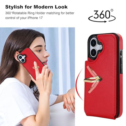 Folosu for iPhone 17 Case Wallet with Card Holder, Finger Ring Cover Red - color: Red