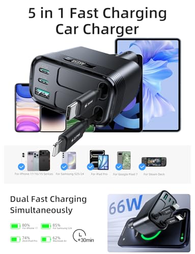 AKESR 5-in-1 Retractable Car Charger，66W Car Charger USB C Fast Charge