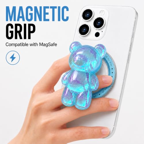 Magnetic 3D Bear Phone Grip Stand, MagSafe Compatible — Aqua Blue - color: Aqua Blue